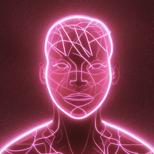 A humanoid Face with a complex intertwined network of emotions such as loneliness and isolation, anxiety, heavy thinking, Aggressiveness, Sorrow that's a heavy burden for the person. The background is a virtual universe of glowing neon hue shades within a deep void.