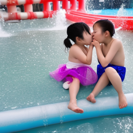 two Little japanese girl kissing in water park 