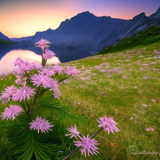 an edelweiss in the mountains, deep in the valley a lake, sunset in the background