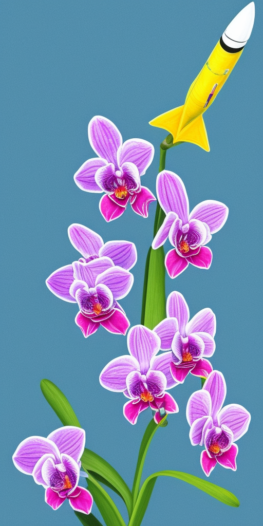 a drawing of a rocket comes out of an orchid blossom