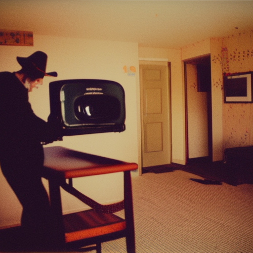 Long shot, Polaroid, cowboy watching TV in run down motel room