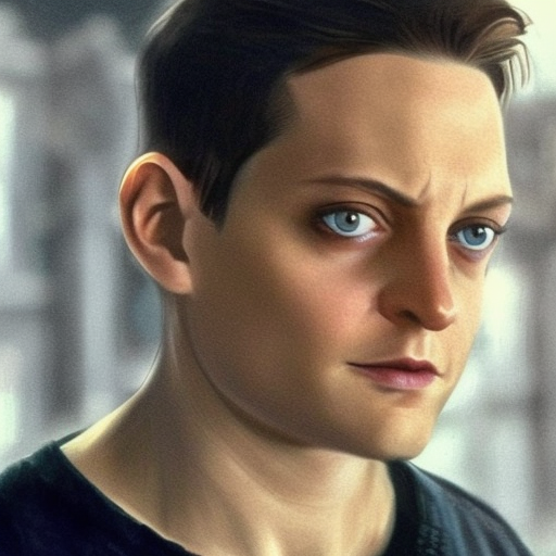Tobey Maguire having a left robotic eye, realistic, cyborg, cyber-punk, ultra-realistic, highly detailed