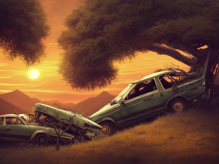 low angle shot of tree growing inside scrap car in the foreground. overgrown. soft golden red sunset over the mountains in the background. clouds. detailed leaves. hyperrealistic, highly detailed, cinematic, beautiful, cgsociety, artstation, oil painting by greg rutkowski, by artgerm, by wlop