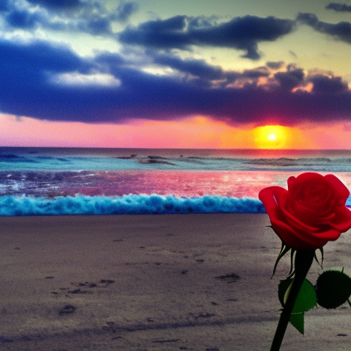 soap bubbles fly around in the sky, red rose in a glass bottle on the beach, in the background blue sea with big waves at a mystical radiant sunset
