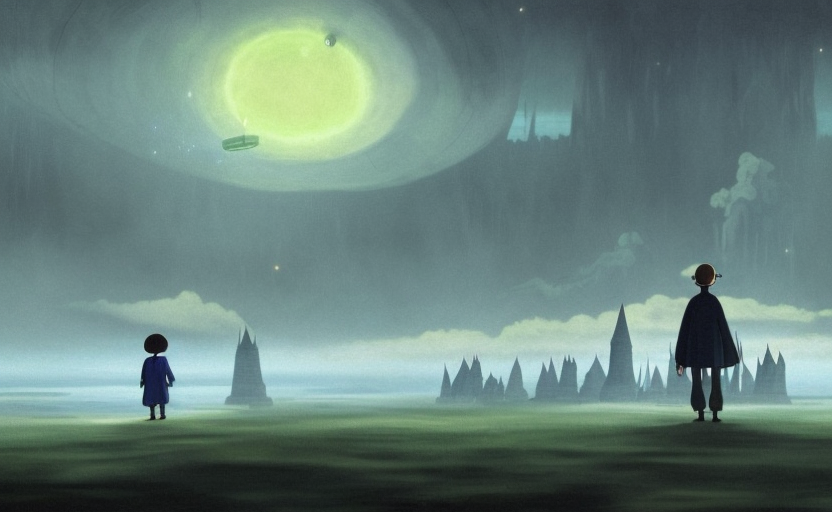 a realistic and atmospheric cell - shaded concept art from howl's moving castle ( 2 0 0 4 ) of a grey monk standing in a futurist sci - fi city that looks like stonehenge in a flooded rainforest. it is a misty starry night. a ufo is in the sky. very dull muted colors, hd, 4 k, hq