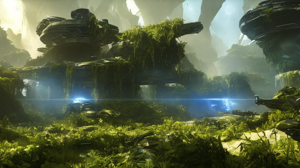 A Halo 3 multiplayer environment featuring crashed ship overgrown by vegetation, forerunner architecture, white lights, 8k, Unreal Engine render, highly detailed