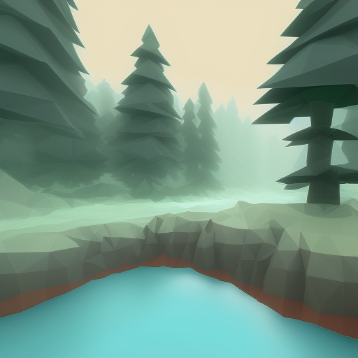 low poly misty forest river