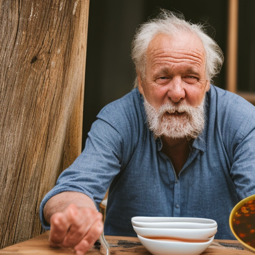 Create an image of a 60-year-old man sitting on a wooden chair and eating soup. Marks the passage of time on his face and makes it with a hyperrealistic and cinematographic style ultra-realistic portrait cinematic lighting 80mm lens, 8k, photography bokeh