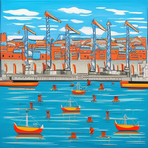 The painting depicts a bustling harbor scene in Marseille, France, with several boats, ships and cranes visible in the foreground and background. The water is calm and the sky is clear, with vibrant hues of blue and green used to evoke a sense of life and activity in the bustling port town. The composition is characterized by bold, flat areas of color, with simplified forms and a strong sense of movement. Overall, the painting captures the energy and dynamism of a bustling harbor, conveying a sense of life and motion in the scene.