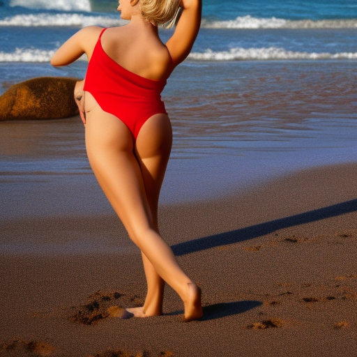 photo realistic, 4K, beautiful blonde woman, dancing in a red bikini, on the beach