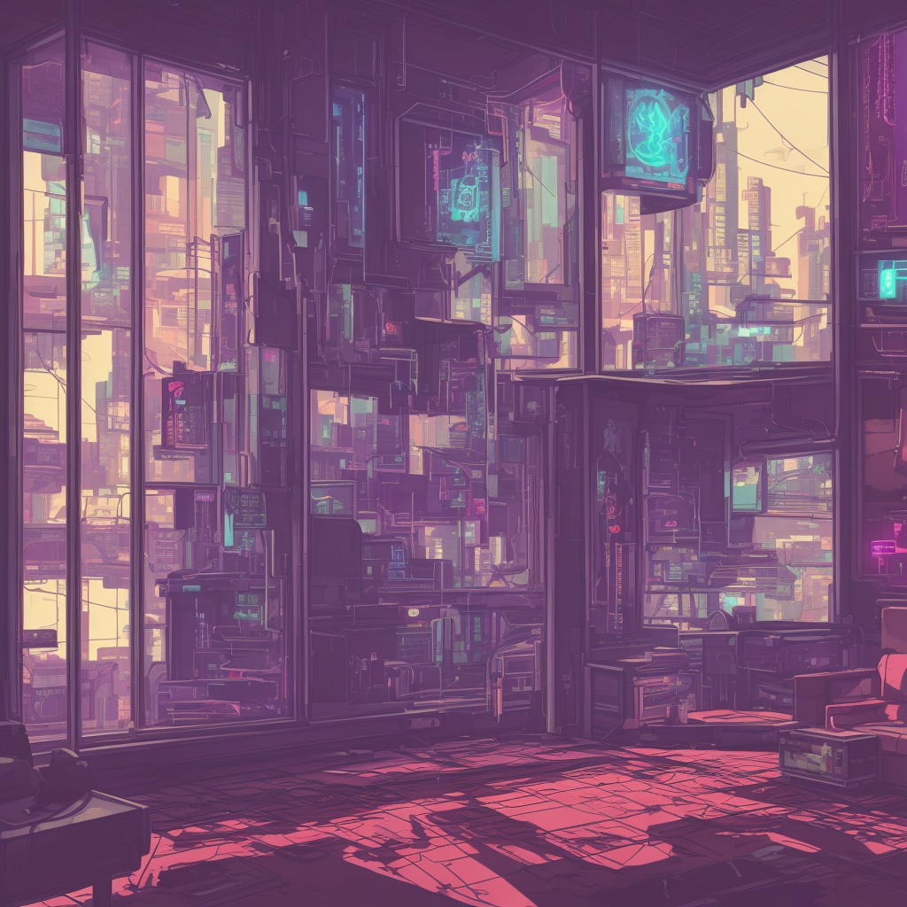 low angle shot of a cyberpunk livingroom, window with night sky, dappled lighting, Ghibli style, anime background, anime concept art, cyberpunk2077, cel-shading, vanishing point