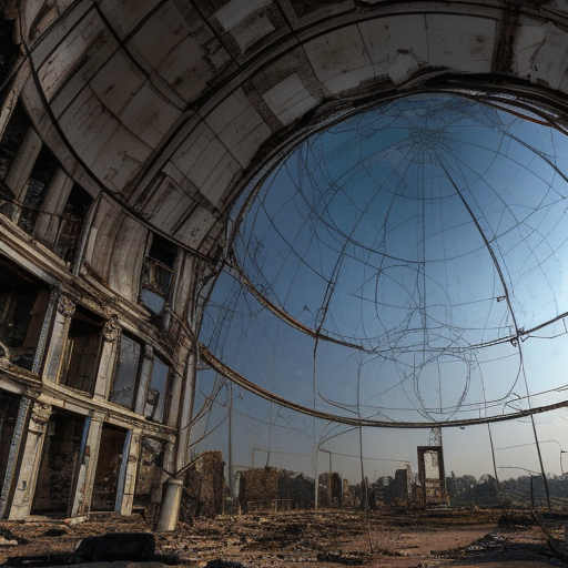 20 mile wide steel dome surrounded by ruins of megalopolis in post apocalyptic hell