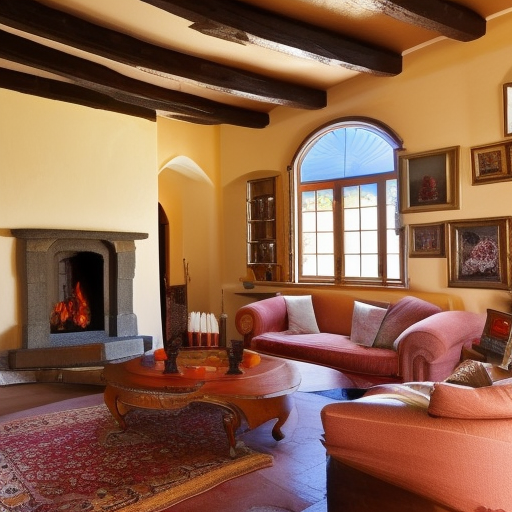 Spanish style living room with large fireplace but empty wall
