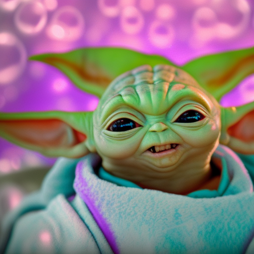 baby yoda surrounded by teal pink and purple bubbles, 4k hdr