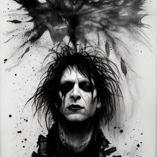 stunning portrait of gaunt neil gaiman a ( the cure fan ) as dream from sandman, dim stars as eyes, by jeremy mann, by cedric peyravernay, by by russ mills, by richard avedon and ben templesmith, dramatic lightning, sadness, dark eye sockets, in the shadows, punk rock, gothic, high detailed, 8 k