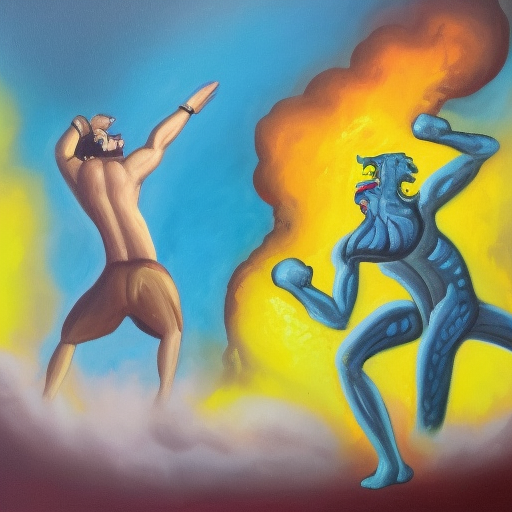 a oil painting of Run Run Wheeze Run out Prevent Support on your knees Fight back up Take a deep breath! OOOO ZERRREBERUSSS, the great Hades, who is basically the same as us, only appears big and strong on the outside. 
