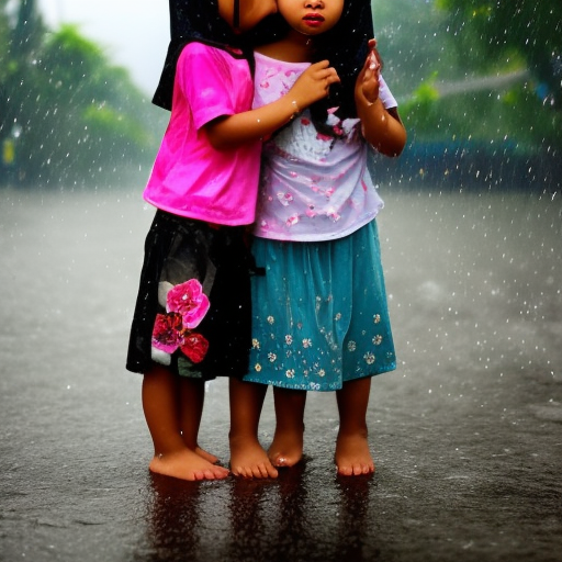 two Little kampung malaysia girl kissing in hujan 