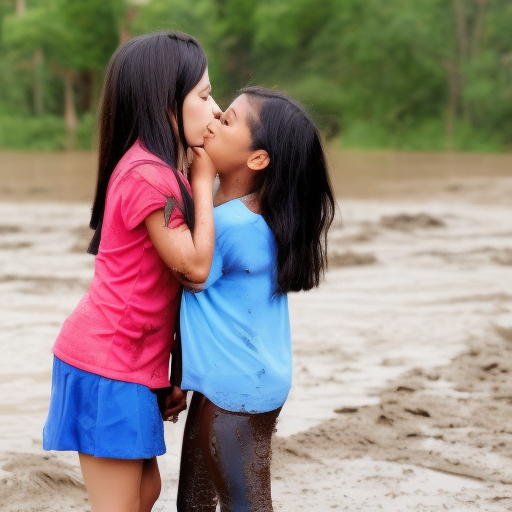 two preteens melayu girl kissing in muddy 