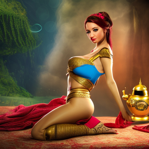 Realistic, high-quality, detailed, 8k, photorealistic, ultrarealistc, massive breasted, Female genie with extremely revealing genie outfit escapes her golden teapot by crawling out the spout, stuning fantasy photograph, render of a beautiful and seductive female genie, beautiful photo of a fairytale, blue djinn, fantasy photography, beautiful genie girl, jinn