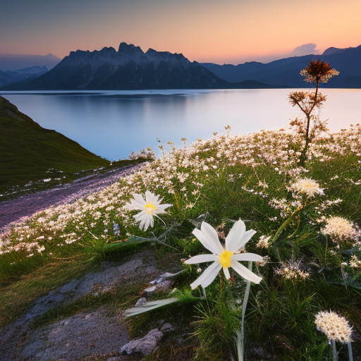 Edelweiss on the mountain, a lake in the valley, sunset in the background
