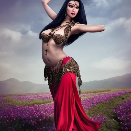 Realistic, high-quality, detailed, 8k, photorealistic, attractive, gorgeous, beautiful, extremely massive breasted harem genie, female genie posing in a field, being summoned from her gray vase, a colorized photo, inspired by Shog Janit, tumblr, renaissance, she is dressed as a belly dancer, Xev Bellringer, harem look, wearing red harem bikini and yellow harem bottom outfit with gold jewelry around her waist