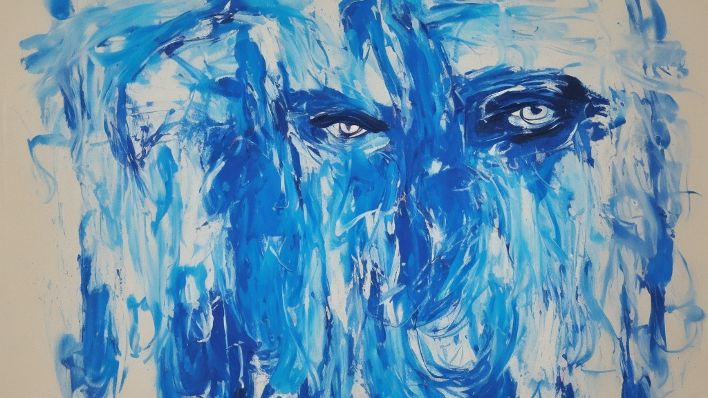 chaotic abstract expressionism painting of a face, blue color palette,