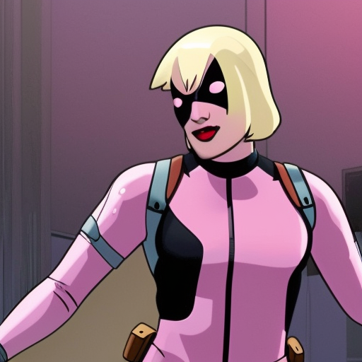 A still of Gwenpool in Deadpool 3 (2023), no mask, blonde hair with pink highlights