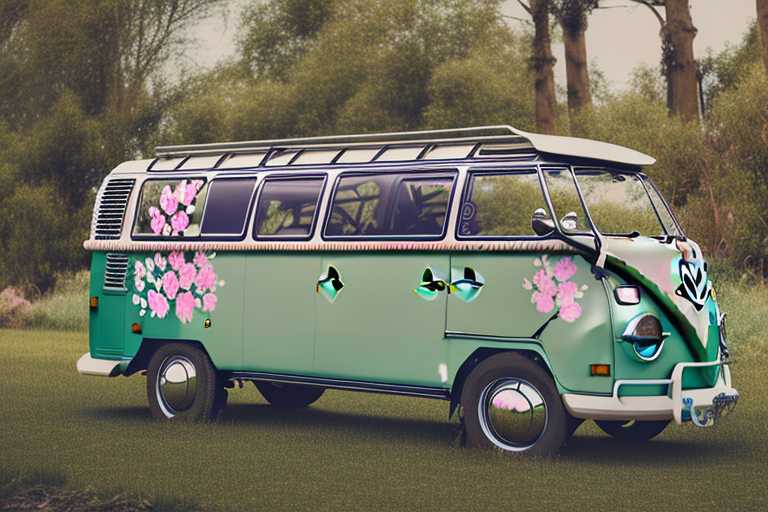 vw bulli with floral paintwork, ultra-realistic portrait cinematic lighting 80mm lens, 8k, photography bokeh