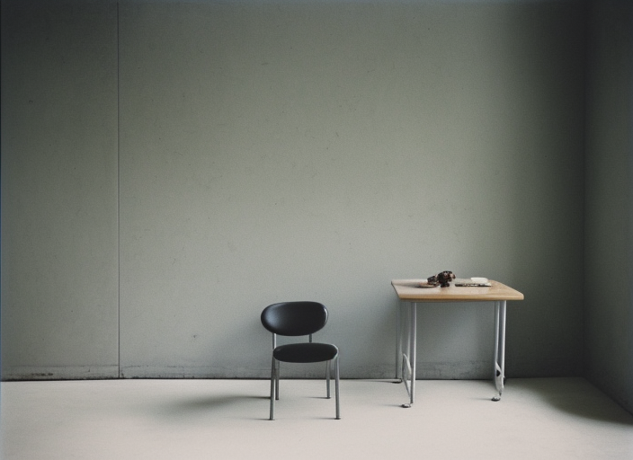 kodak portra 4 0 0, 8 k, highly detailed, britt marling style, award winning colour still - life portrait of a concrete wall, a square pictureframe is the main actor. a minimalistic table and a minimalistic chair on the floor, 1 9 2 0 s minimalism style