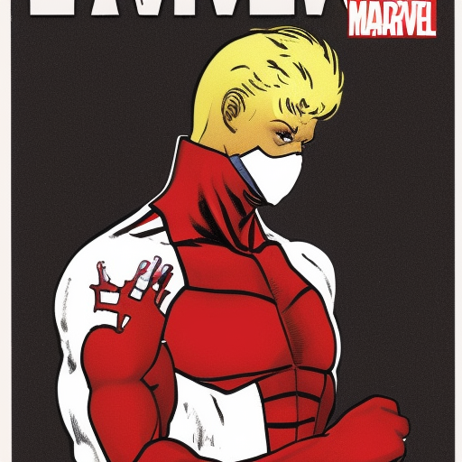 gallant superhero, in a white uniform, red details, red cape, red boots and gloves, white mask with blond hair showing, symbol of a letter V on the golden colored forehead. put a white mask over his face, marvel style, with a symbol on his forehead in the shape of the letter V.