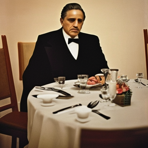 The Godfather in a classy setting sitting at a table