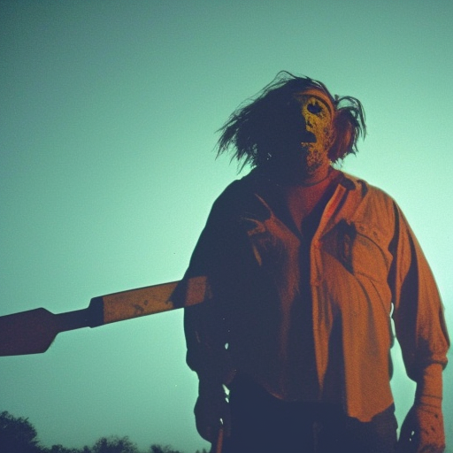 Create an image that captures the chilling atmosphere of the film 'The Texas Chainsaw Massacre' directed by Tobe Hooper. Envision a vibrant and intense landscape with a fluorescent pink sky. At the center of the image, prominently portray Leatherface, the iconic character from the 1970s, donning his distinctive mask. Ensure that Leatherface is clearly visible, firmly grasping the menacing McCulloch chainsaw in his hand. Showcase the vintage design and distinctive features of the McCulloch model. Utilize bright and flashy colors, including various shades of fluorescent pink, to heighten the intensity and terror of the scene. Create the image in the illustrative style of Jim Dine, the artist known for his powerful and expressive drawings. Skillfully blend these elements together to evoke fear and horror, all while staying true to the essence of 'The Texas Chainsaw Massacre' and Tobe Hooper's visionary direction
