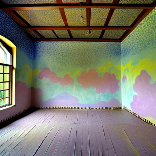 house inside room with walls painted like sky