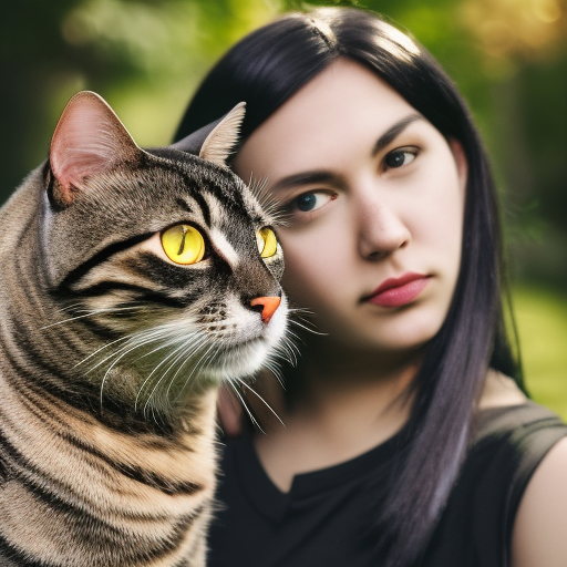 a black hair girl with green dark eyes and a tabby cat ultra-realistic portrait cinematic lighting 80mm lens, 8k,