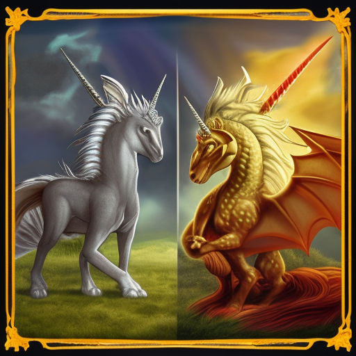 Create an image of a brave hero standing in front of a mythical creature, such as a dragon, unicorn or griffin. The hero should be holding a sword and have a determined look on their face, ready for battle. In the background, there should be a grand and mystical castle, surrounded by lush green forests and rolling hills. The colors used should be vibrant and the overall scene should give off a sense of adventure and excitement.