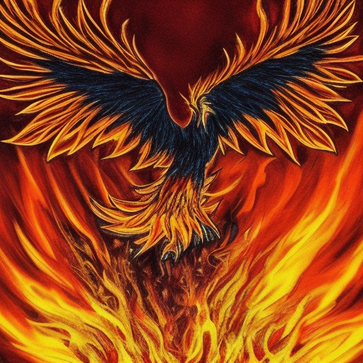 A blazing phoenix rises from the ashes of its former self, its fiery feathers shining bright against the dark sky. The bird spreads its wings wide, as if embracing the world, and sends a burst of flames into the air. In the background, a sunrise breaks through the clouds, casting a warm glow on the scene and symbolizing new beginnings. The phoenix looks determined, ready to soar to new heights and leave its past behind. 