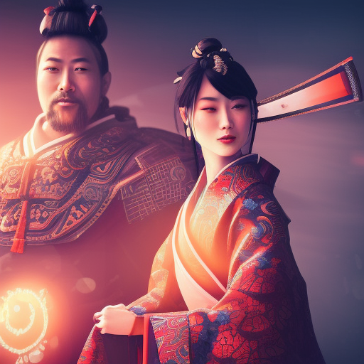A Japanese samurai with a Japanese geisha. 8K 3D acrylic art colourful CryEngine beautiful artwork digital illustration DSLR HDR glowing neon maximalist polished pixiv Unreal Engine vast clear photo filigree designs , by SiChen Wang