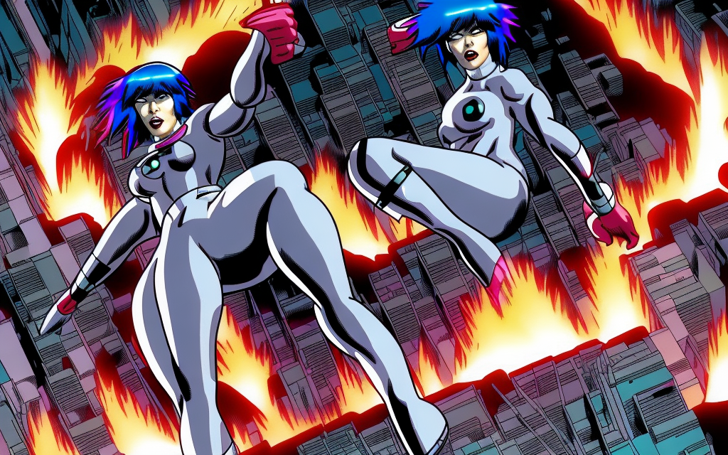 realistic ghost in the shell the dazzler superhero attacking a city on fire



