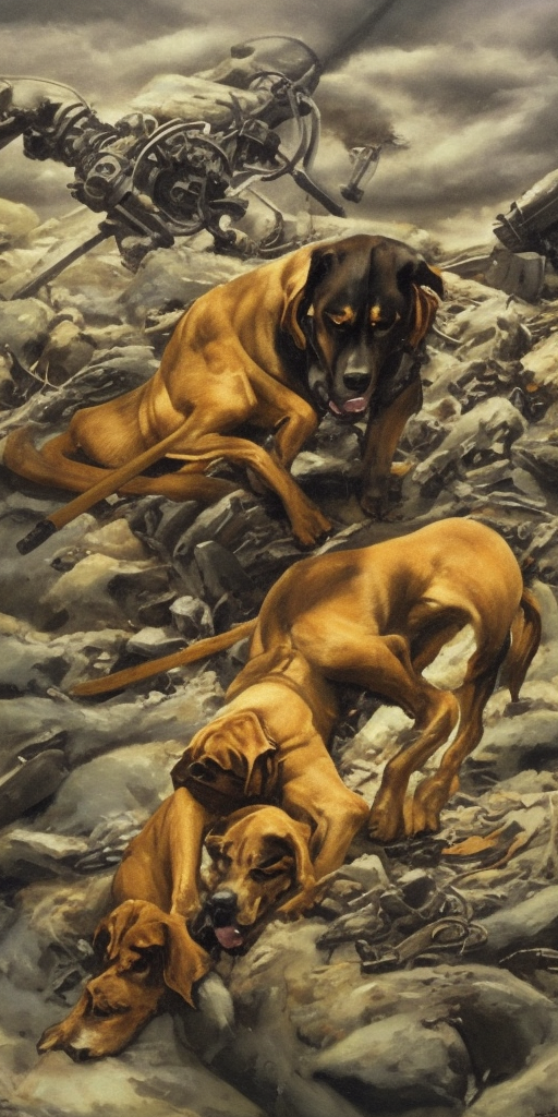 a oil painting of Think of someone else: Cerberus, that could be a good dog, a dog that is sometimes a bit much, but a good dog, that could be him. 

Think of me: tanks, sword, war culture – all the shit that beckons me to run around fully armored.
