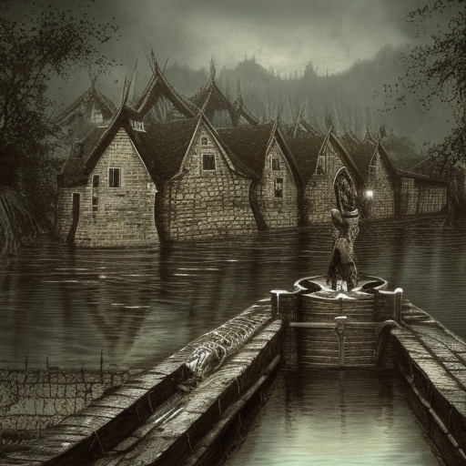 dark medieval wide straight river, Warhammer fantasy, lock with 2 sluices, 2 water levels, lock gates, one house, rocks, summer, trees, nets, fishing, fish, water-lily, boat, poor, black adder, muddy, puddles, misty, overcast, Dark, creepy, grim-dark, gritty, detailed, realistic, illustration, high definition