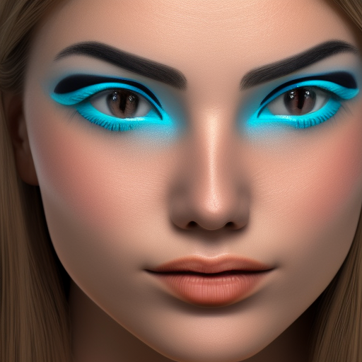 a beautiful woman's face with cyan eyelashes, slightly smiling, rosy cheeks, realistic 4K