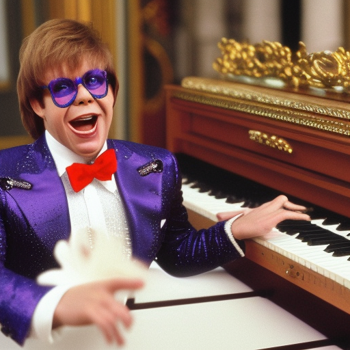 Austin powers as Elton John playing the piano in Buckingham Palace.
