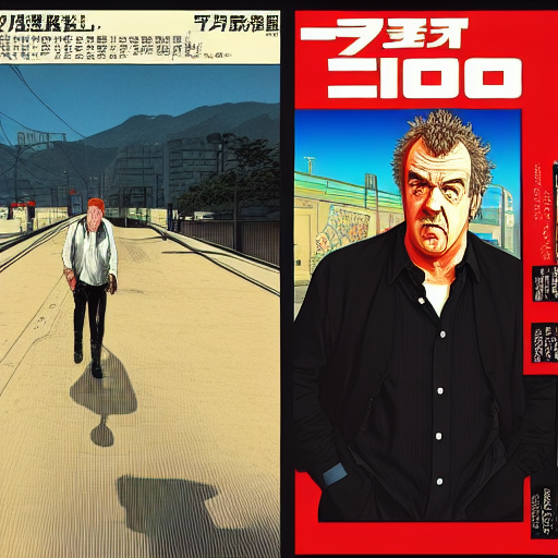 Jeremy Clarkson in GTA V, cover art by Stephen Bliss, artstation, no text Ukiyo-e Japanese woodblock