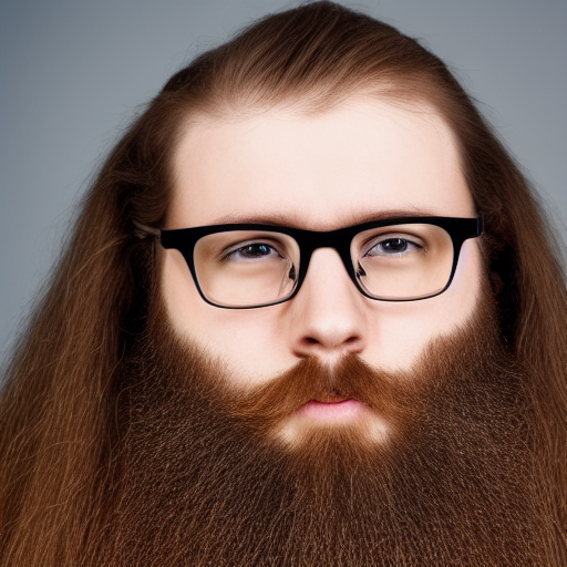 27 year old bearded man wearing glasses, long hair