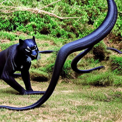 A black panther tackles a green 
snake