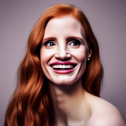 Jessica Chastain smiling ultra-realistic portrait cinematic lighting 80mm lens, 8k, photography bokeh