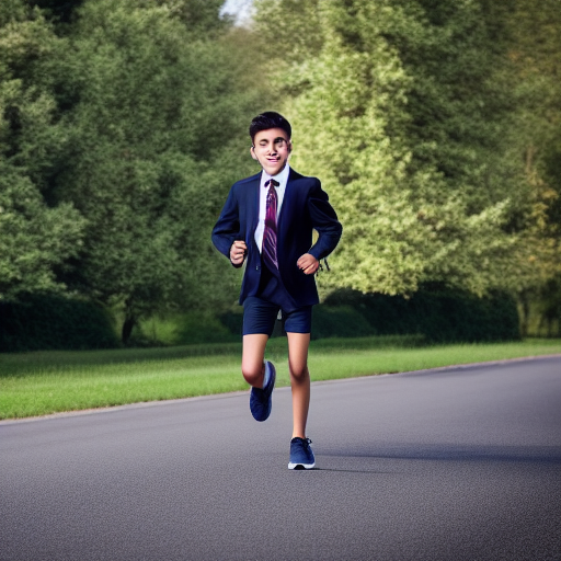 A teenager wearing a suit jacket and running shorts