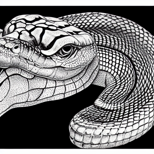 rattlesnake and crocodile mutant hybrid animal realistic picture, taken in zoo black and white pencil illustration high quality