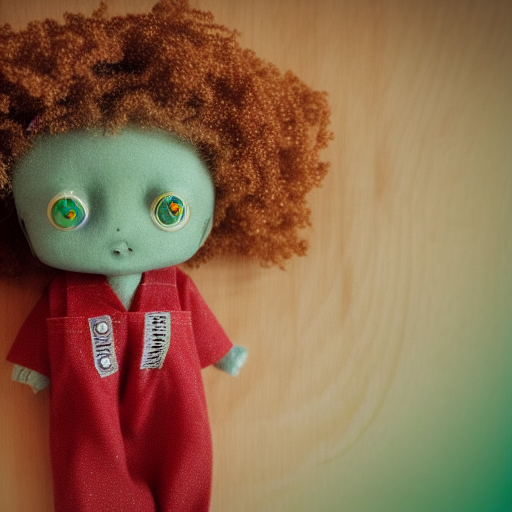 an doll crafted from sanded wood , wearing little hand stitched overalls, worms eye view, with hair that is a green ombre macro camera lens, cinematic, focus 