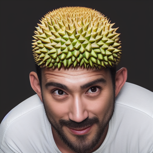 photo of a man wearing a hat on his head. the hat is shaped like a durian, photorealistic, 8k.